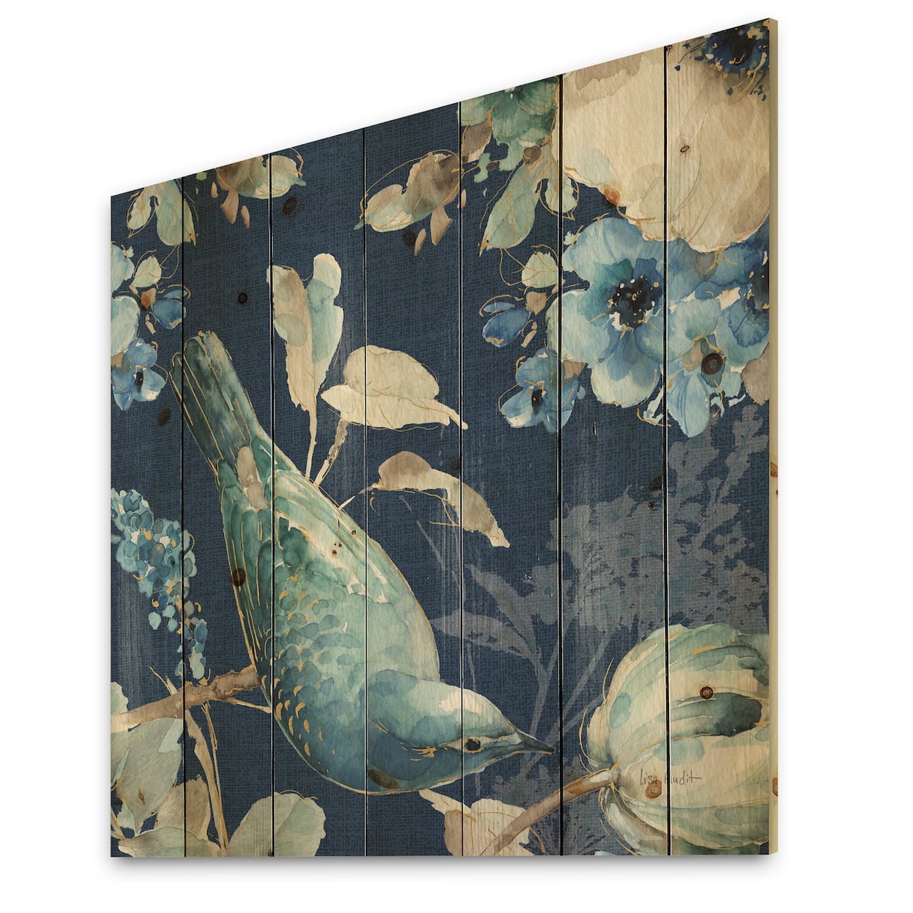 Designart - Indigold Bird Cottage Family IV - Farmhouse Print on Natural Pine Wood